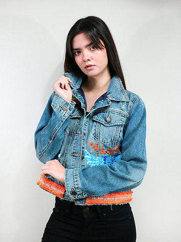 Heart & Birds Hand Painted Beaded Denim Jacket